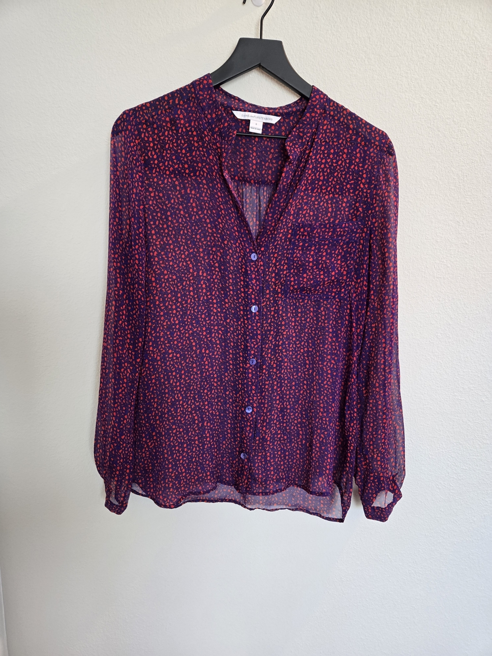 Diane Von Furstenberg Purple Sheer Button-Down Blouse with Red Dot Print